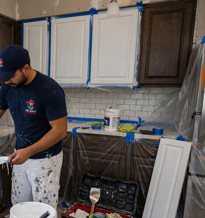 Painter working on cabinet doors