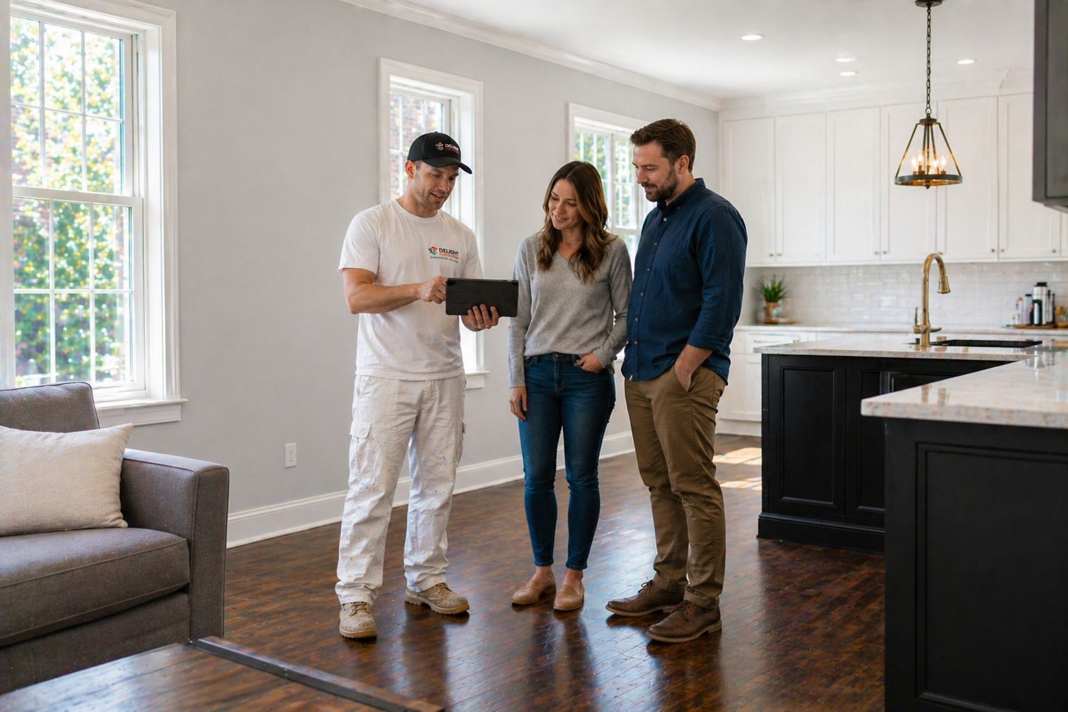 Painter reviewing a project with homeowners