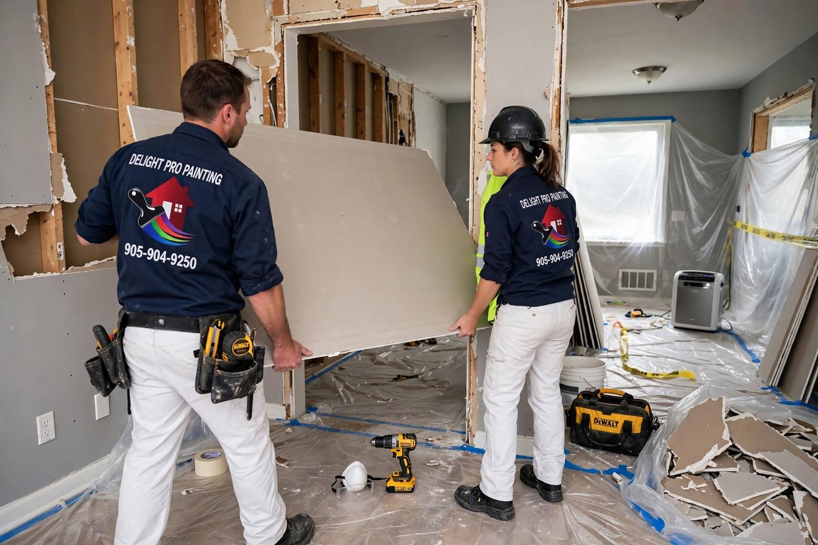 Crew carrying a drywall sheet