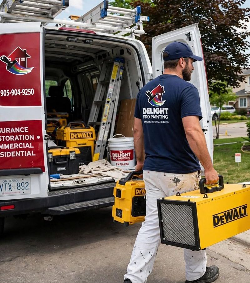 Crew member carrying equipment from the van