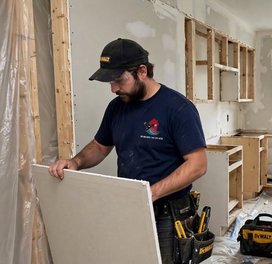 Crew member holding drywall in a gutted kitchen