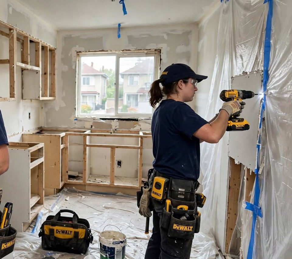 Crew member installing drywall in a kitchen