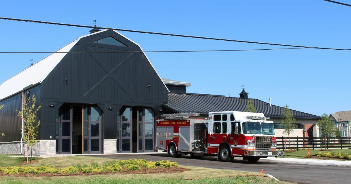 Fire hall with a fire truck out front