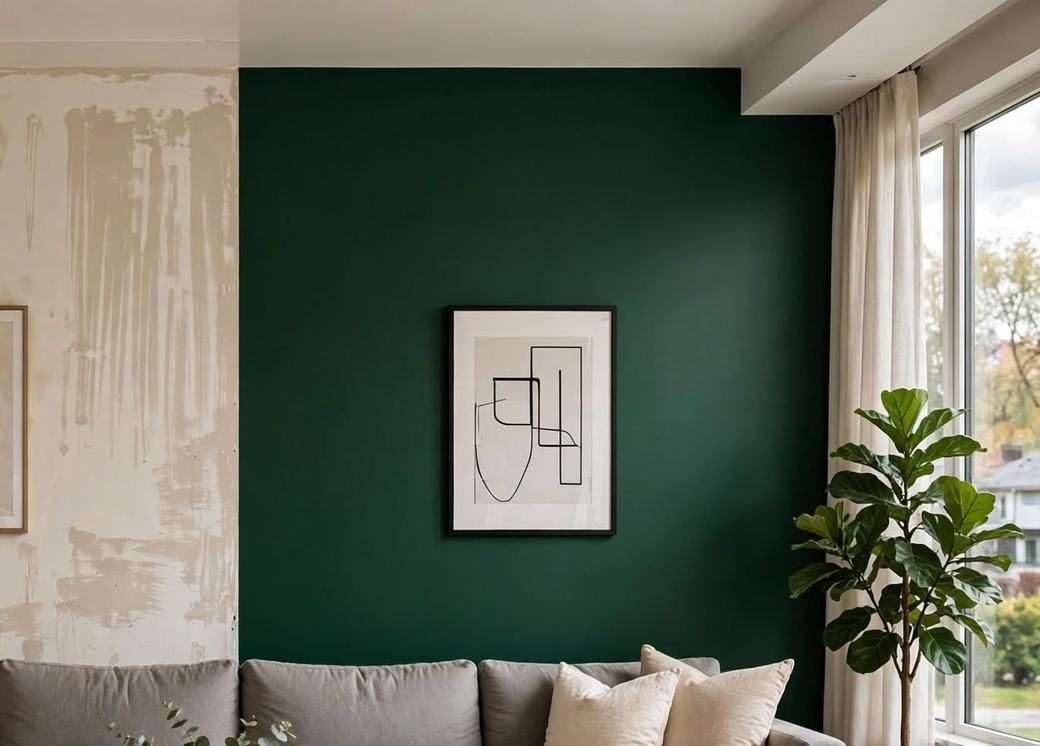 Dark green feature wall and plants