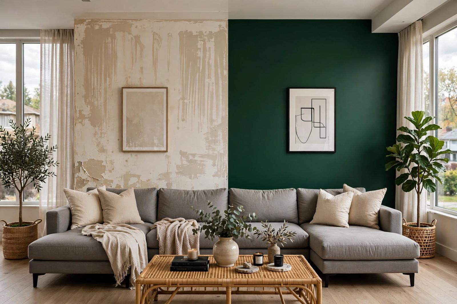 Living room with a dark green wall