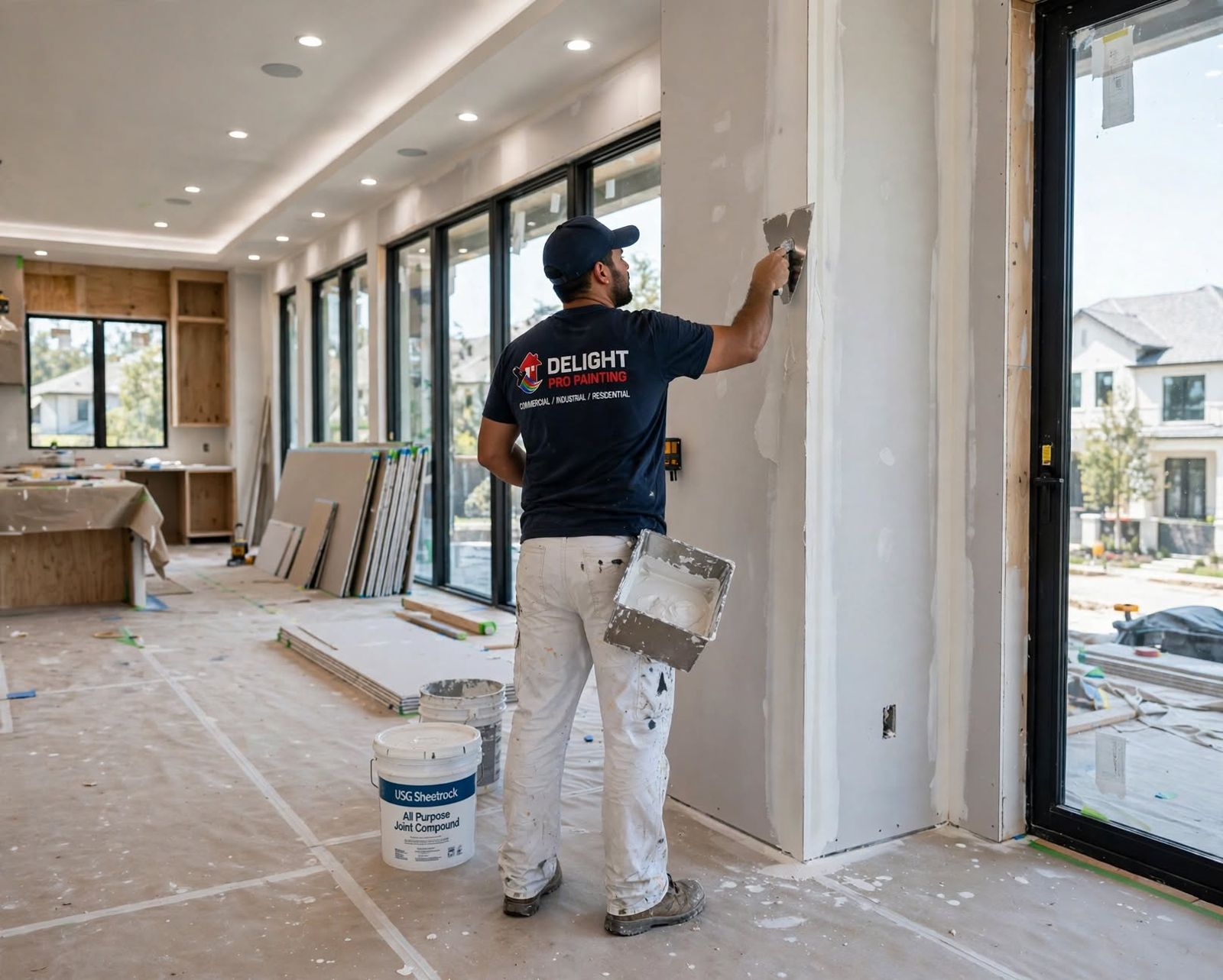 Painter finishing a wall beside large glass doors