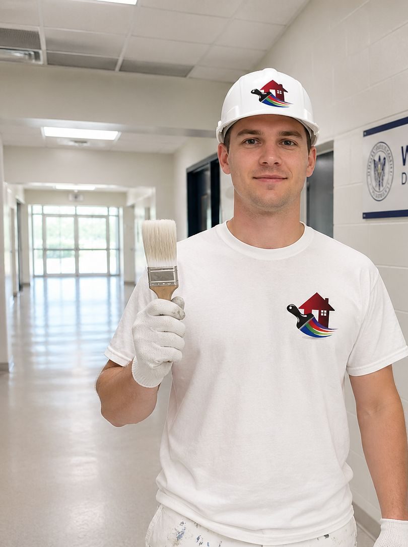 Painter holding a brush in a bright corridor
