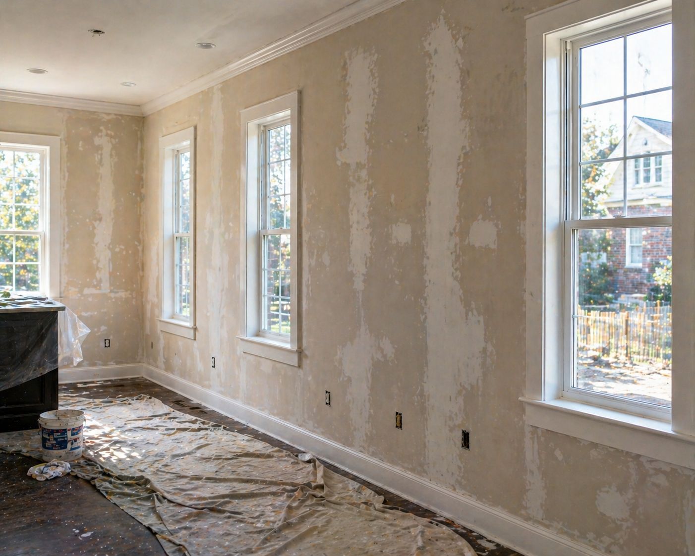 Room prepared with plastic and drop cloths