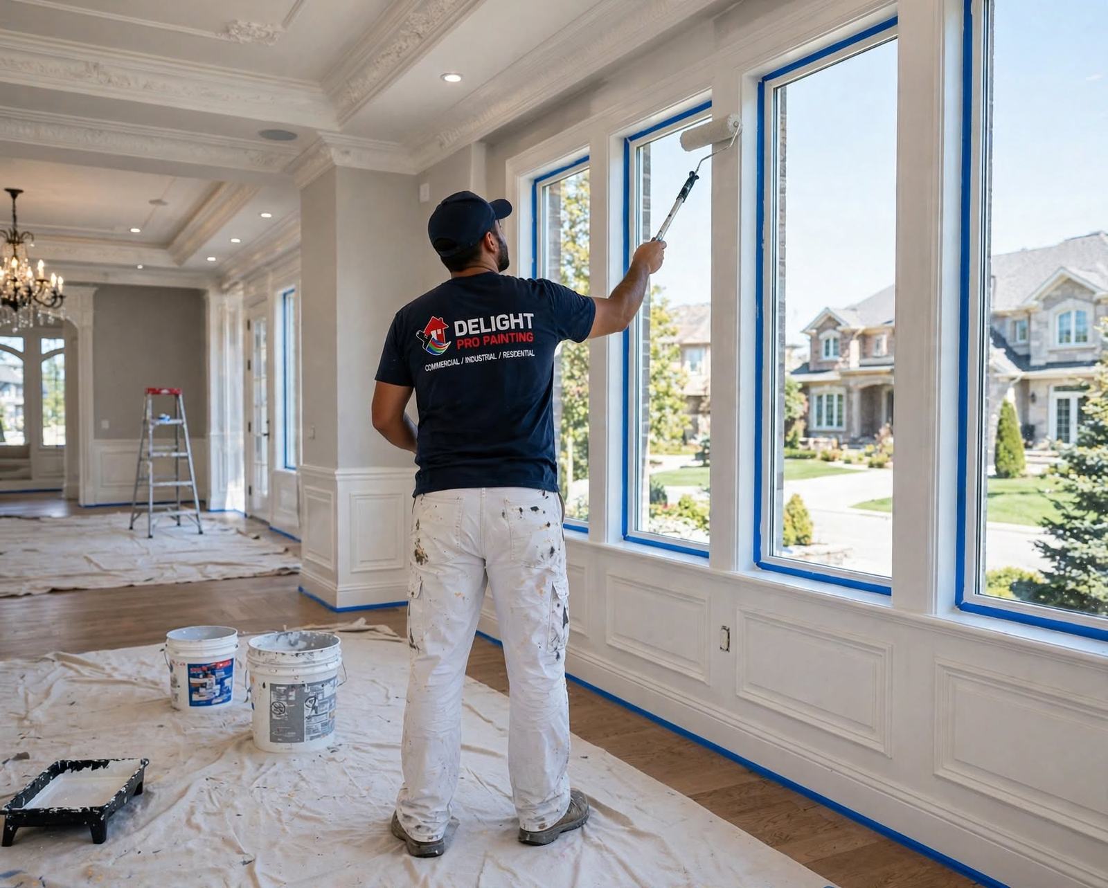 Painter rolling a window wall
