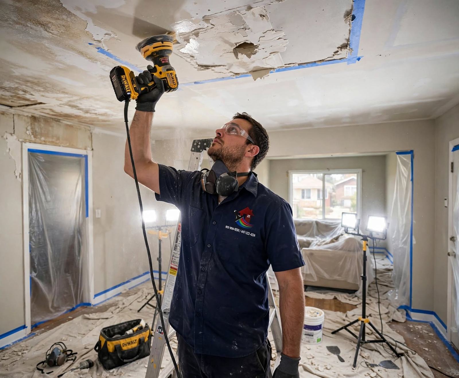 Sanding a damaged ceiling