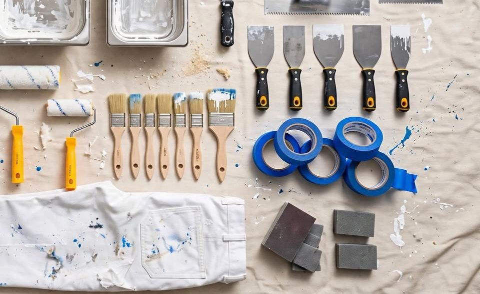 Brushes, tape and tools laid out