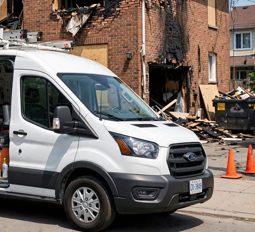 Work van outside a fire-damaged house