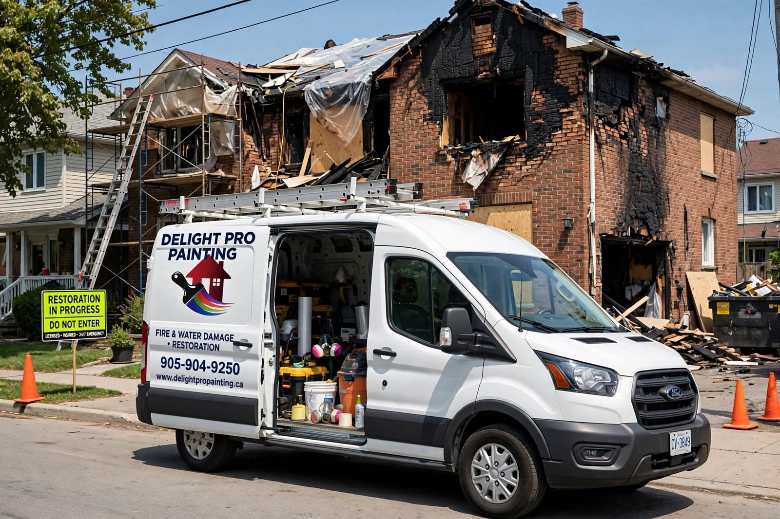 Work van outside a fire-damaged house
