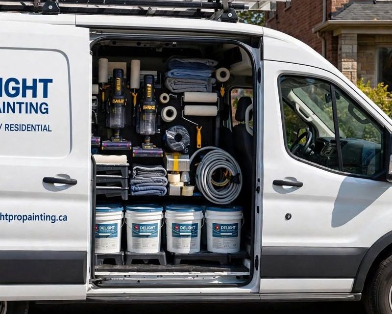 Van cargo area with organised paint and tools